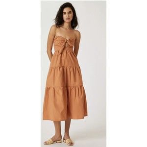 New Anthropologie Women Strapless Tie-Front Brown Midi Preppy Dress Size Medium